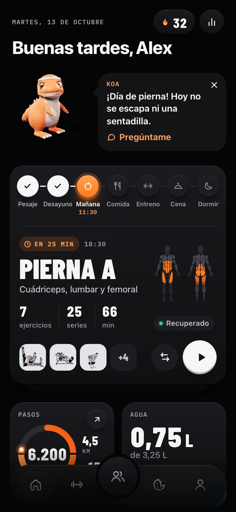 Pantalla Hoy de KOA en modo oscuro