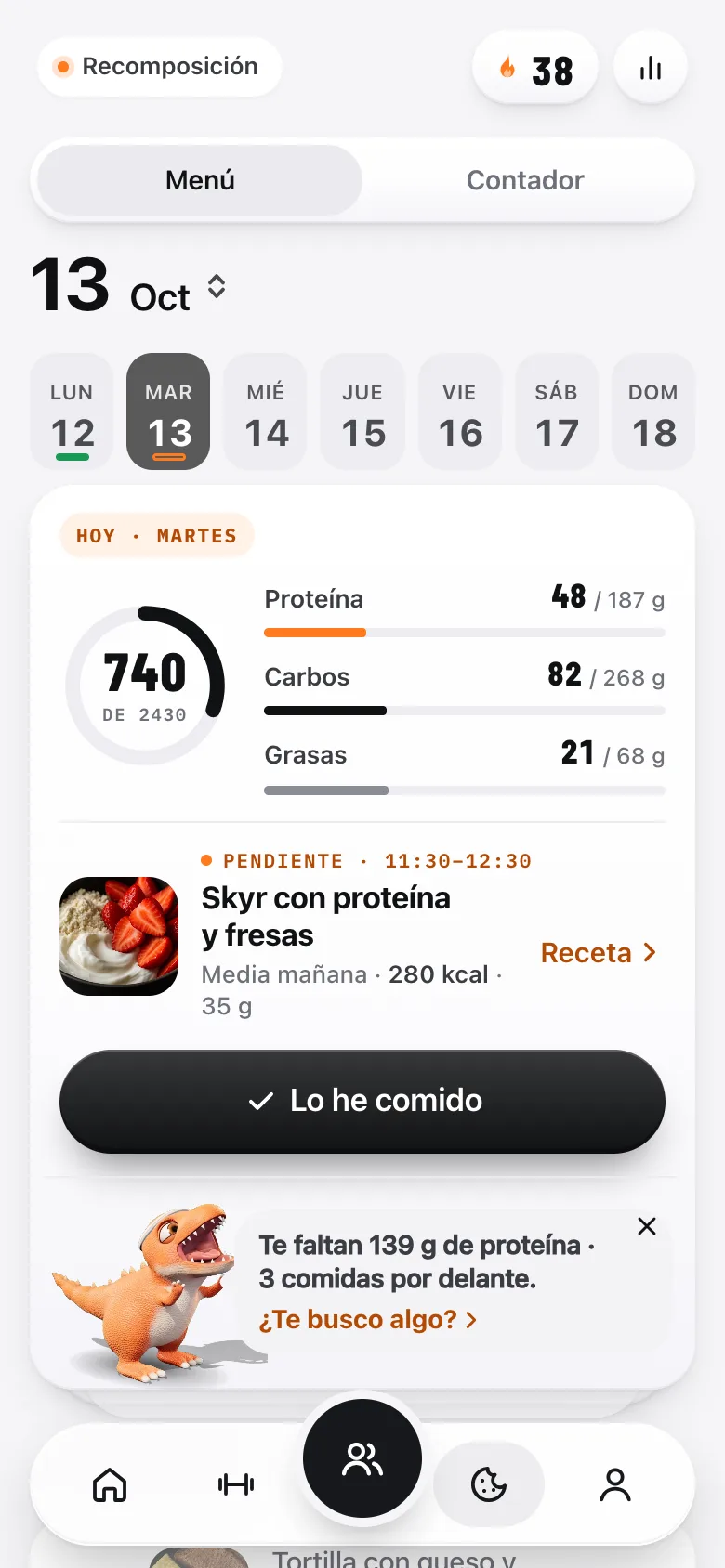 El menú del día en KOA con las comidas y sus cantidades