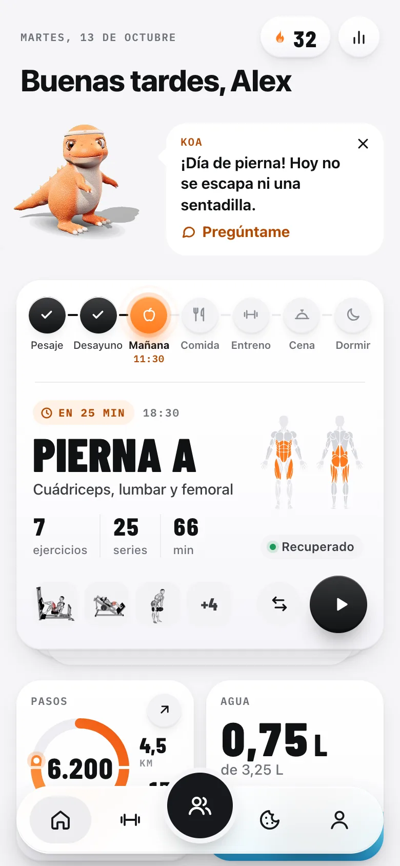 Pantalla Hoy de KOA: la cronología del día y el entreno de pierna